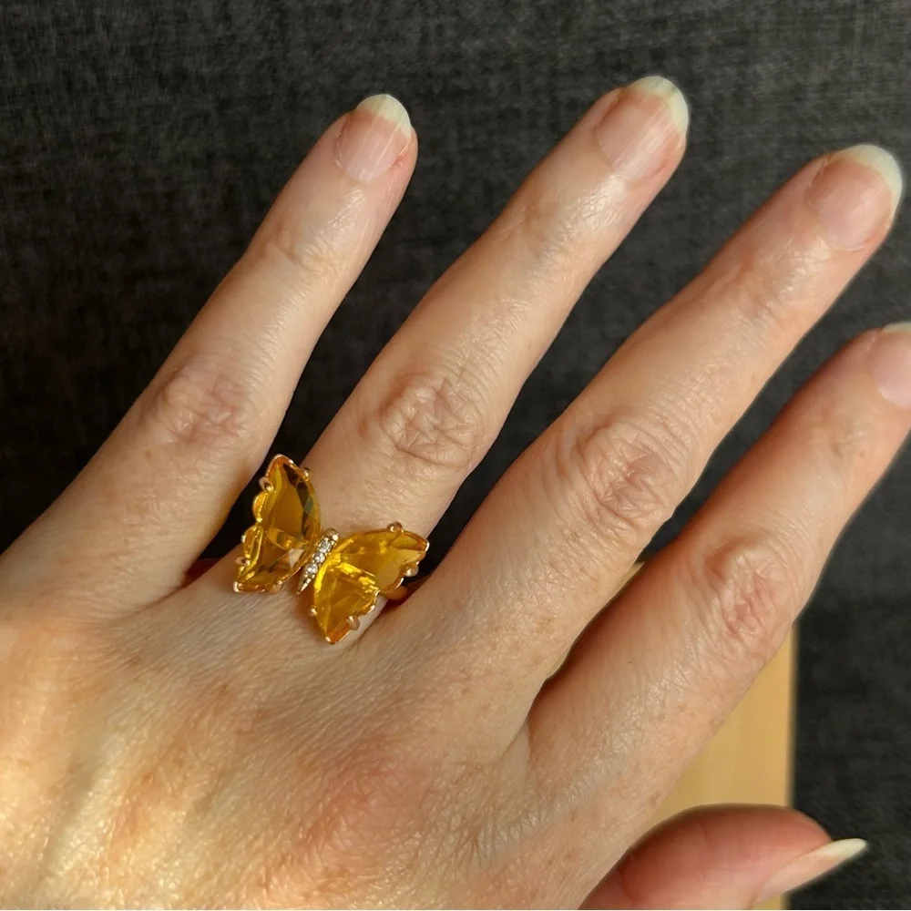 Pretty YELLOW Butterfly Gemstone Fashion Ring, Gold, Adjustable